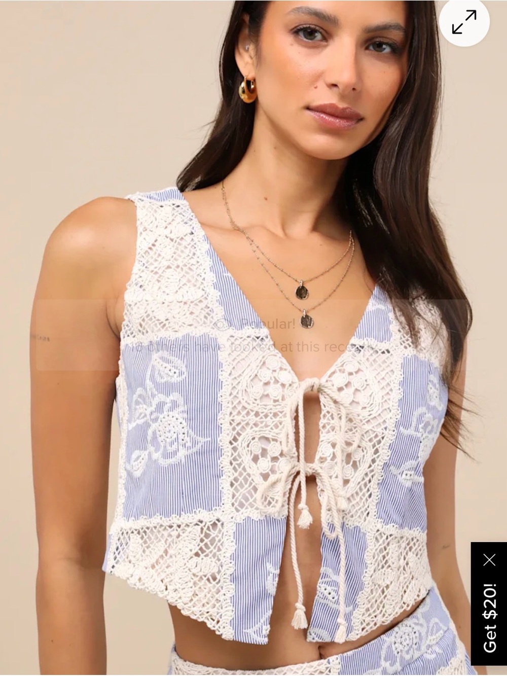 Lulus Elfreda Blue And Cream Crochet Knit Patchwork Tie-front Top - Size S